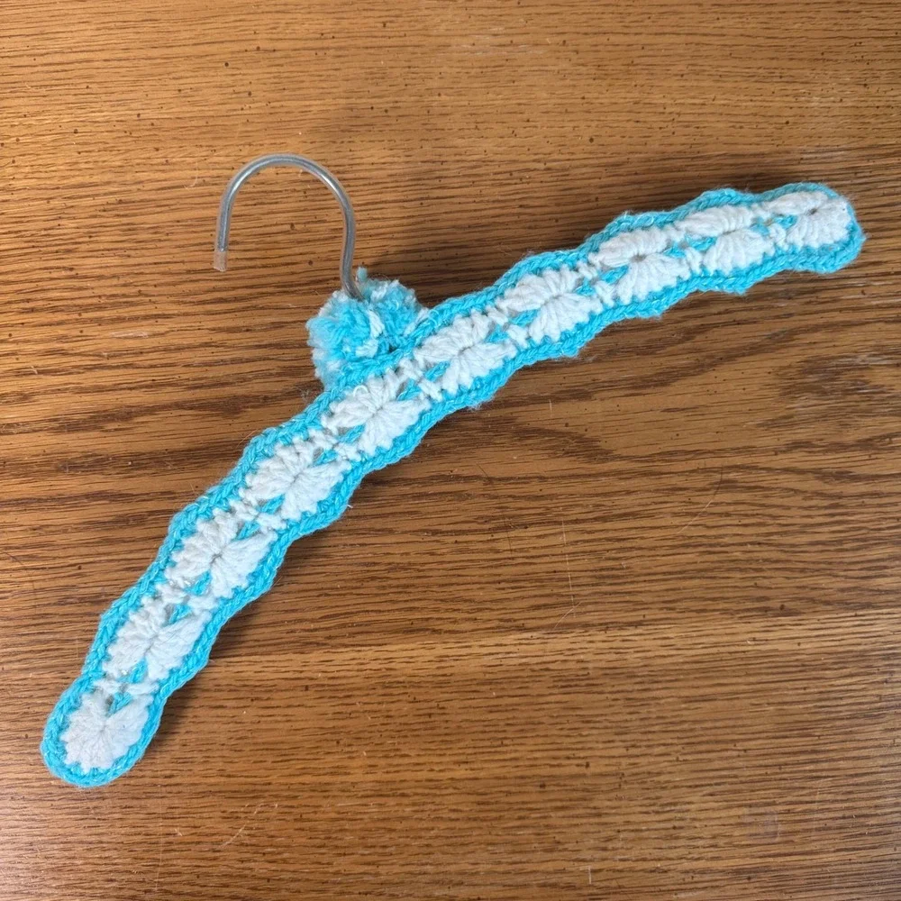 Vintage Handmade Crochet Padded Clothes Hanger Blue White Knit Pom Pom 16.5 Inch